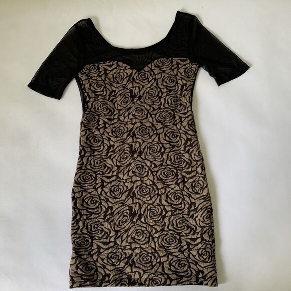 Vintage Manito Bodycon Dress Women Medium Tan Black Floral Rose Sheer Mesh Party - Picture 1 of 12